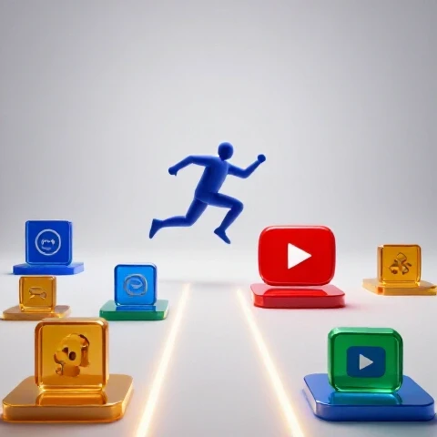 Abstract figure leaps energetically between glowing platform icons toward a glossy YouTube logo on a bright background.