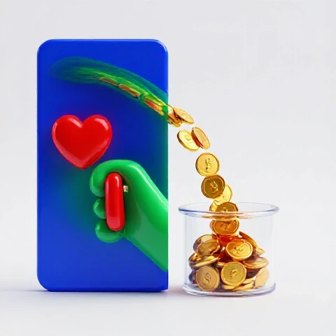 Split-screen image with a vibrant video thumbnail linked to gold coins flowing into a clear container, set on a bright background.