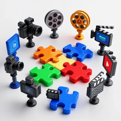 Bold, colorful puzzle pieces with one mismatched piece surrounded by video creation symbols on a bright background.