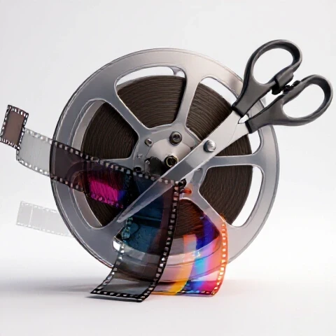 Glossy film reel being sliced by metallic scissors, with faded frames falling away and vivid scenes remaining on a bright background.