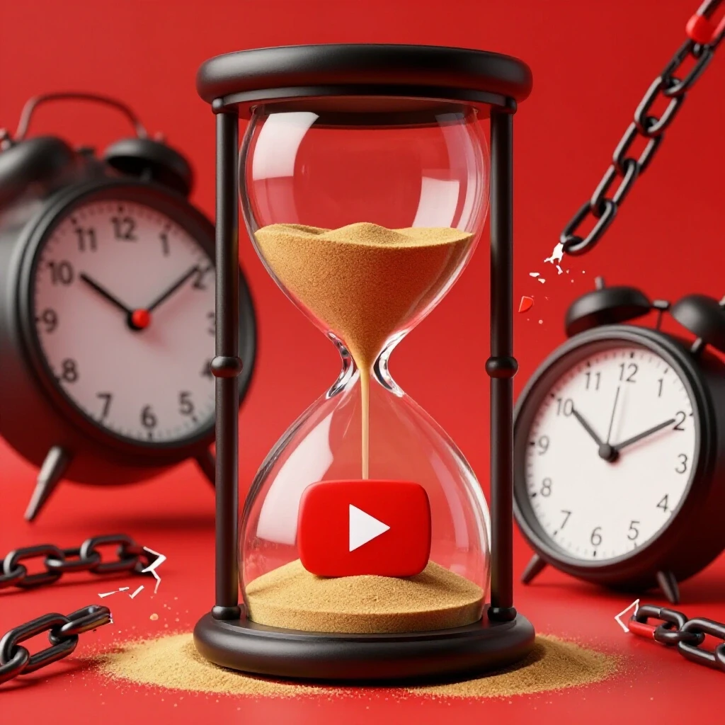 An hourglass filled with sand shaped as YouTube play button, on a vibrant red background symbolizing upload limits and quick fix.