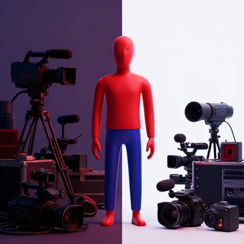 Split scene of a tired mannequin amid chaotic recording gear contrasted with a confident figure holding a camera, illustrating daily vlogging challenges.