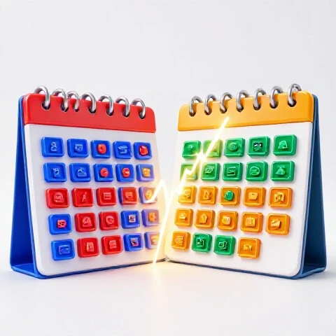 Two vibrant calendar pages with crowded and spaced video thumbnails divided by a glowing split line on a bright studio background.