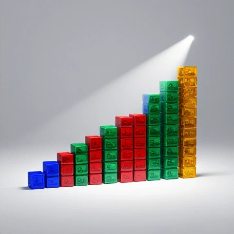 A dynamic upward graph of colorful video thumbnails rapidly stacking higher under a bright spotlight, set against a clean white studio background.
