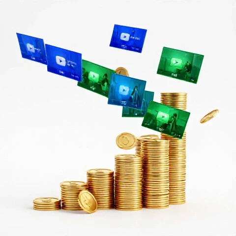 Vibrant video thumbnails transforming into stacks of gold coins on a luminous white background, symbolizing YouTube monetization growth.