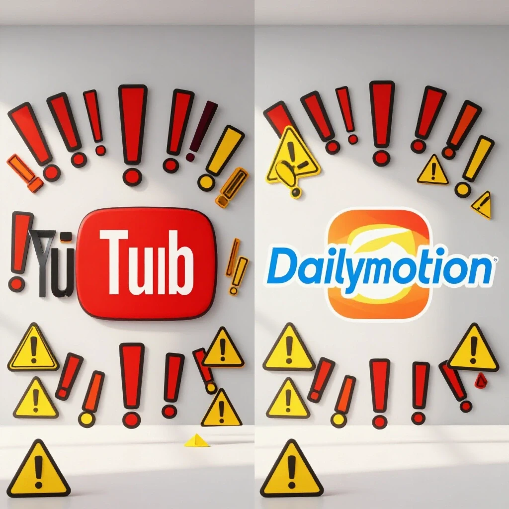 Split image of YouTube and Dailymotion logos with attention-grabbing warning symbols emphasizing copyright challenges.