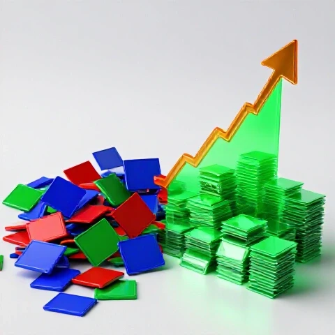 Split scene with cluttered video thumbnails transforming into organized, glowing thumbnails and a rising graph in a bright studio setting.