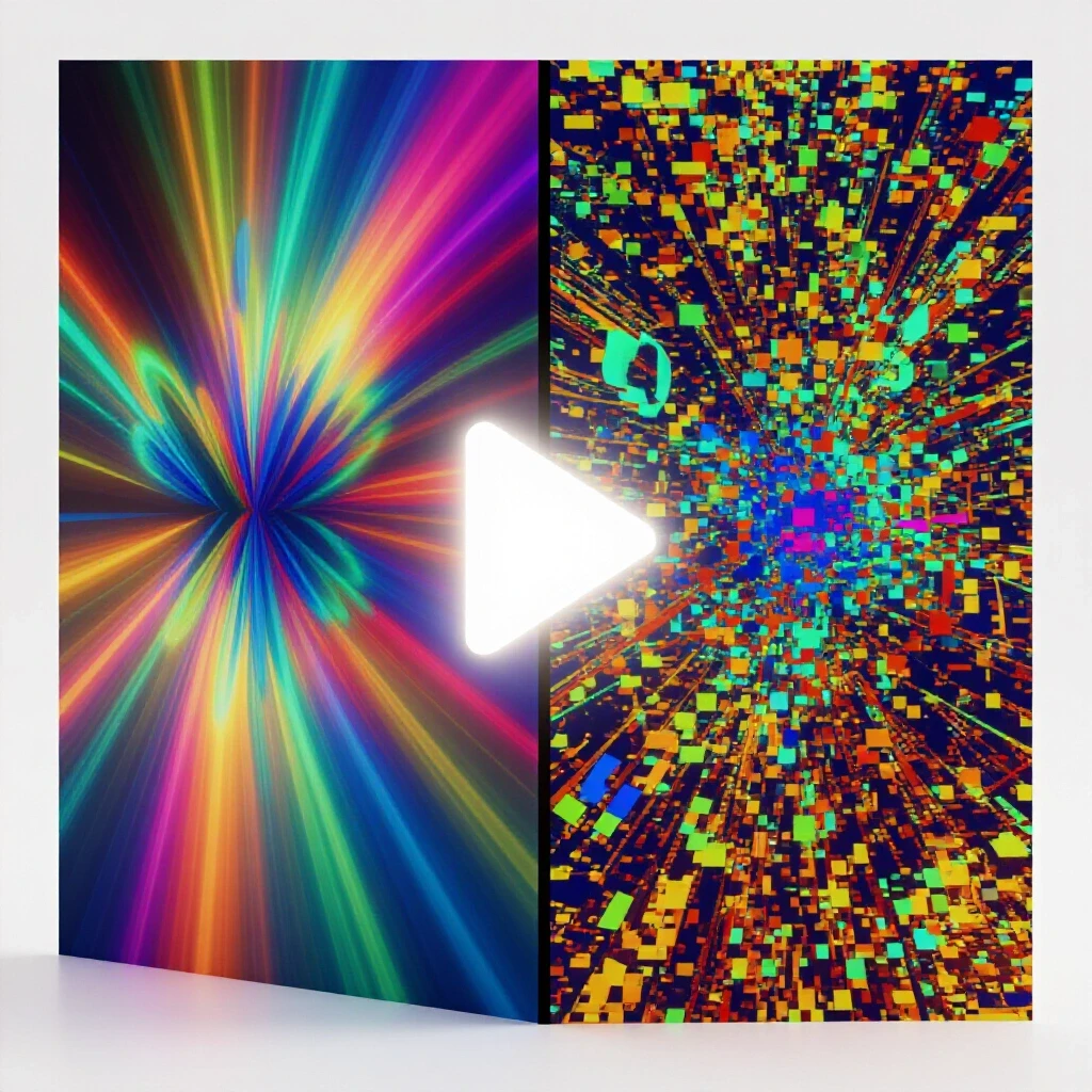 A split-screen image showing a polished video clip on one side and a chaotic pixelated version on the other with a glowing play button in the center.