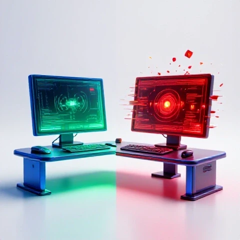Split scene showing a futuristic computer workspace in calm blues and greens beside chaotic glitches and system errors in vivid reds and ambers.