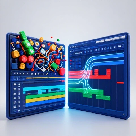 Split-screen of chaotic video editing timeline transforming into a sleek, organized workspace in vibrant colors.