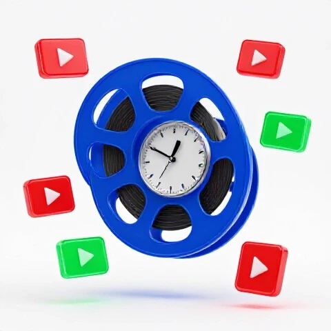 A metallic clock intertwined with a glossy film reel and colorful video thumbnails on a bright white background.