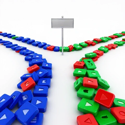 Two diverging paths at a crossroads, one crowded with colorful video icons, the other leading to a bright clear horizon.