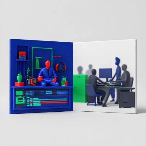 Split-screen image contrasting a vibrant creator workspace with blurred silhouettes handling tasks.