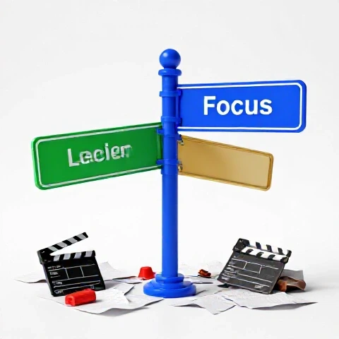 A stylized crossroads signpost with two divergent, vividly colored 3D paths—one clear and inviting, the other cluttered with discarded video ideas—set in a bright, clean studio scene highlighting selective decision-making.