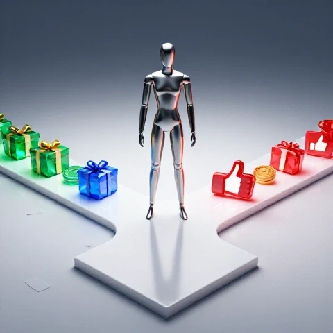 Abstract creator figure at crossroads choosing between vibrant offer icons and a fading, cluttered path