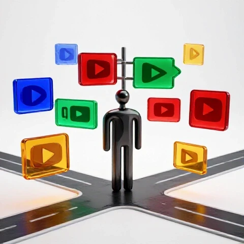 Central crossroads with glowing, colorful video thumbnail signs and an abstract figure, all dramatically lit on a bright white background.