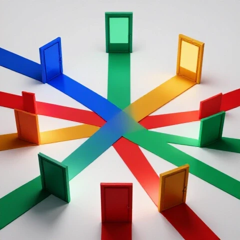 A vibrant crossroads with colorful paths leading to glowing screens, spotlighted and centered on a bright background.