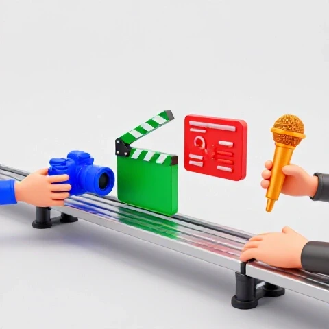 Multiple stylized hands passing vibrant video production tools along an assembly line in a bright studio.