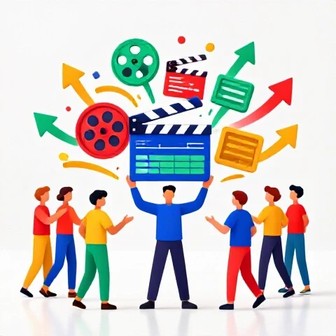Abstract creator handing colorful video editing icons to a dynamic team with arrows showing teamwork and growth