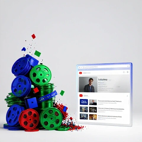 A dramatic split image of a cluttered video library dissolving into fragments beside a clean, spotlighted YouTube channel interface.
