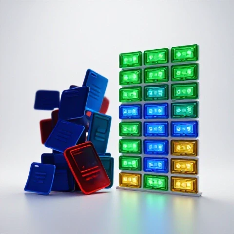 Dramatic transformation of messy, dark video icons into a vibrant, organized row of glowing thumbnails.