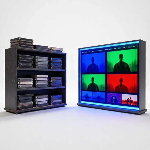 A split scene shows a dusty, outdated video shelf on one side and a vibrant, modern YouTube channel with glowing thumbnails on the other.