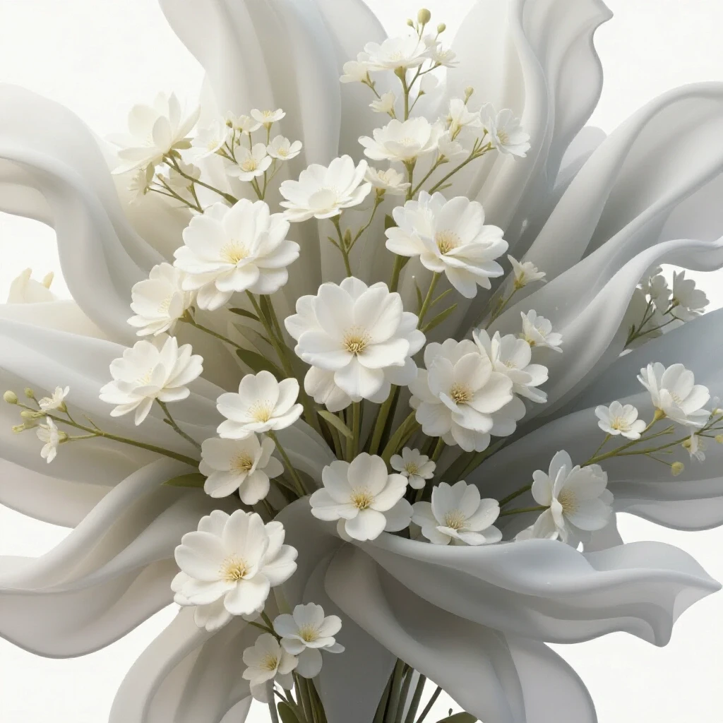 Elegant close-up of delicate white musk florals and soft fabrics in a bright setting, evoking sophistication.