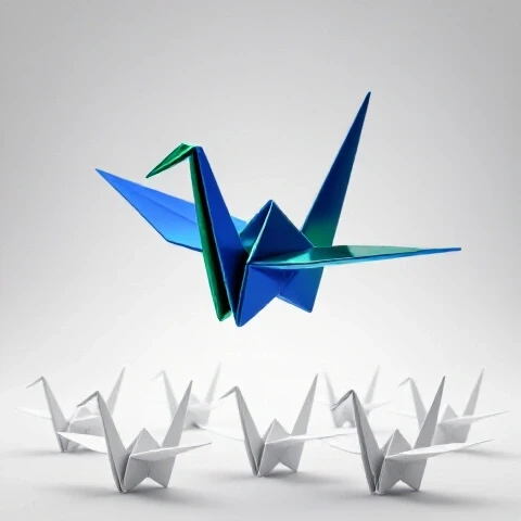 A vibrant colored origami crane soars above identical white paper birds on a bright studio background.