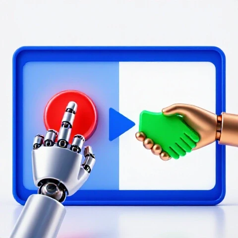 Split-screen of a glowing red button being pressed versus a metallic hand gesturing to a handshake icon on a YouTube UI, in vivid colors and bright studio lighting.