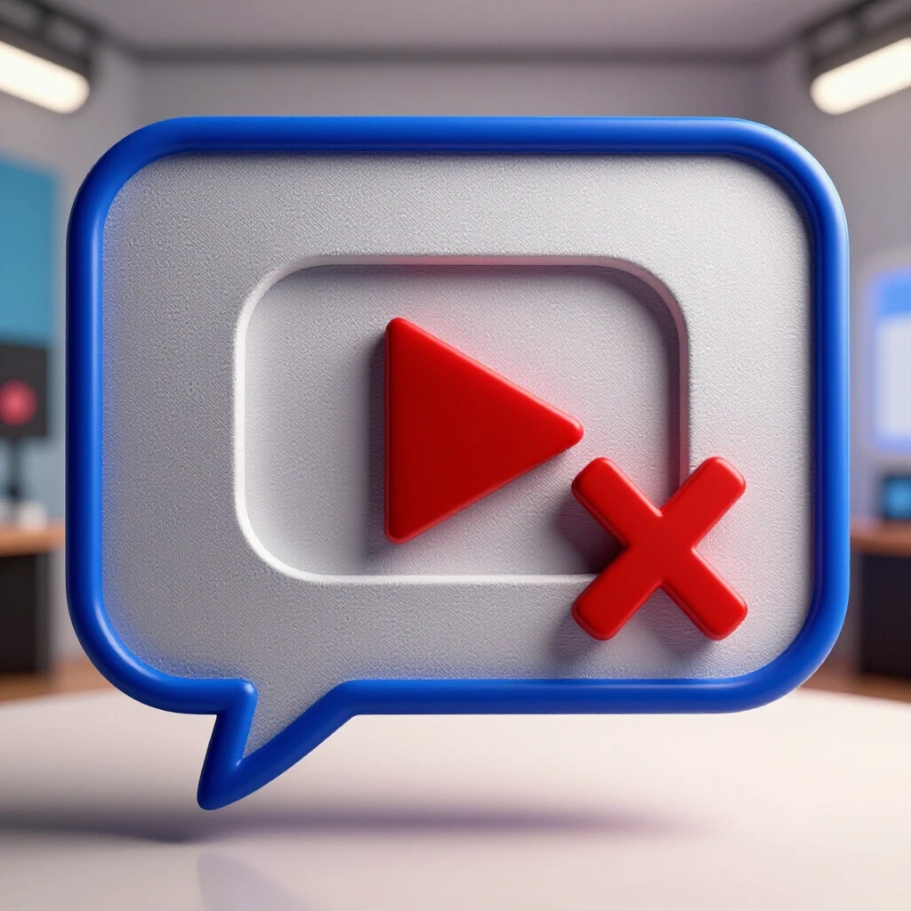 A dynamic 3D image showing a YouTube play button obscured by a chat bubble with a red 'X', illustrating disabling live chat.