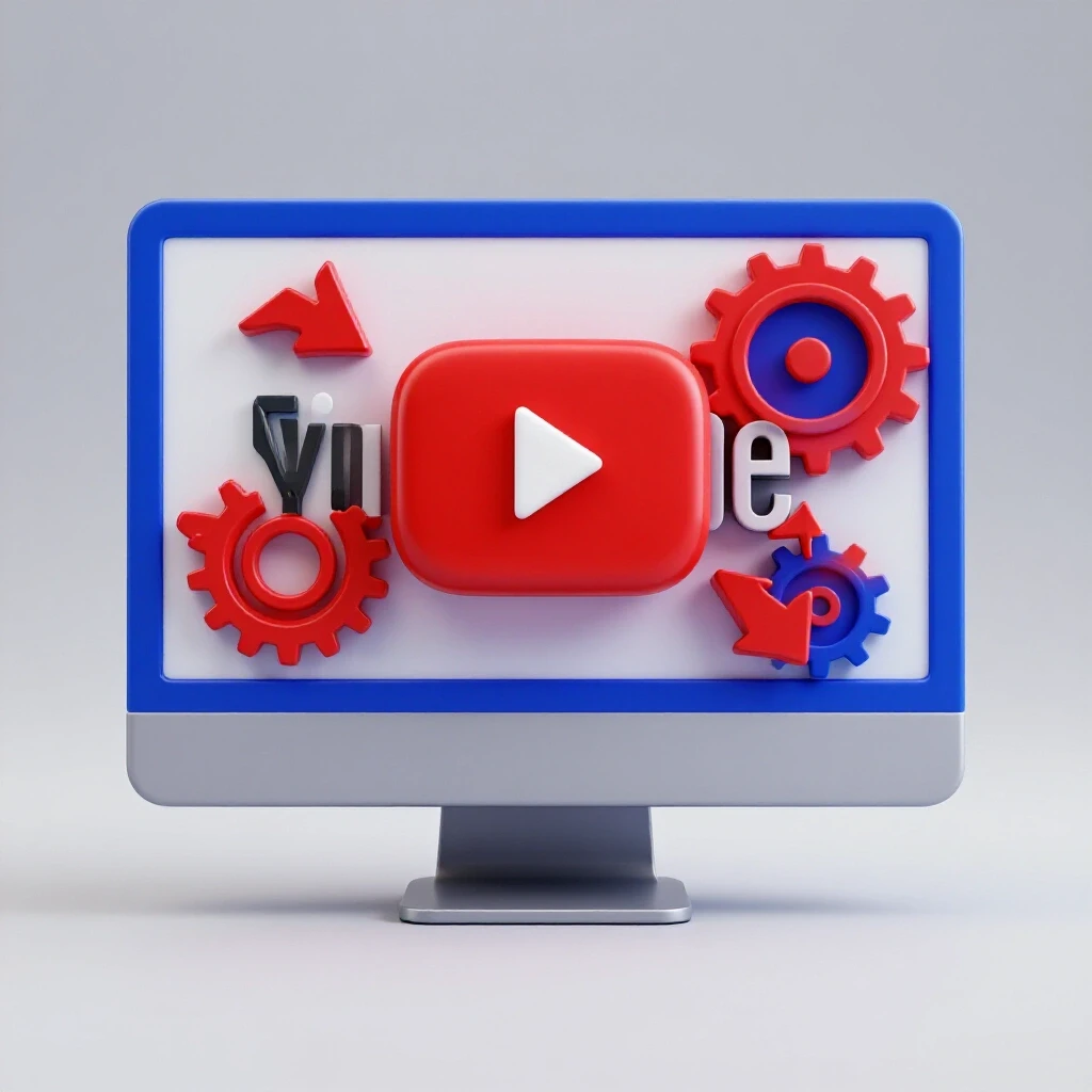 A dynamic 3D image of a YouTube logo obscured by a red pause button, symbolizing disabling autoplay with animated gears.