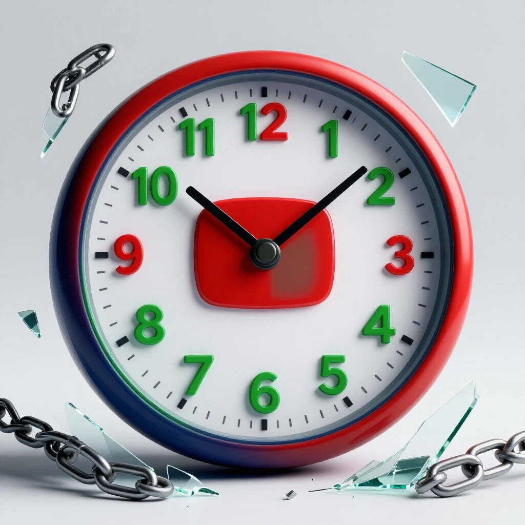 A large clock with a YouTube play button frozen at its center, surrounded by broken chains and shattered glass, symbolizing breaking free from countdowns.
