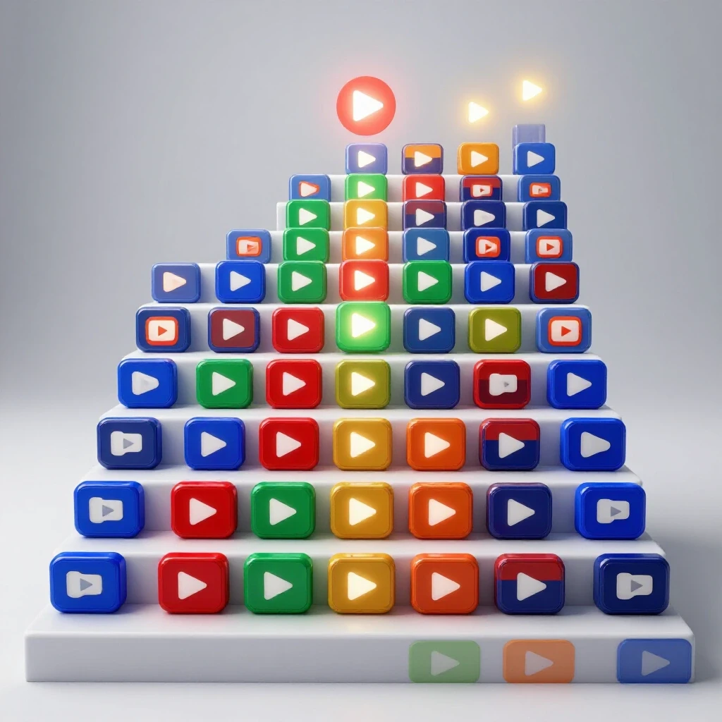 A vibrant 3D-rendered staircase made of Discord and YouTube icons leading to a glowing play button, symbolizing progress.