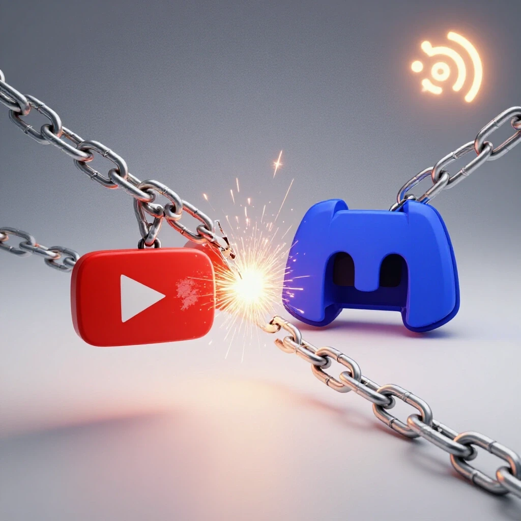 A broken chain link between YouTube and Discord logos with sparks and a glowing SOS signal.