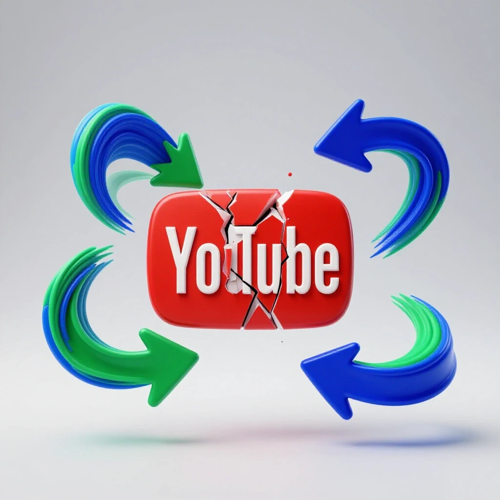 A dynamic image of a fragmented YouTube logo being pulled apart by colorful arrows against a bright background.