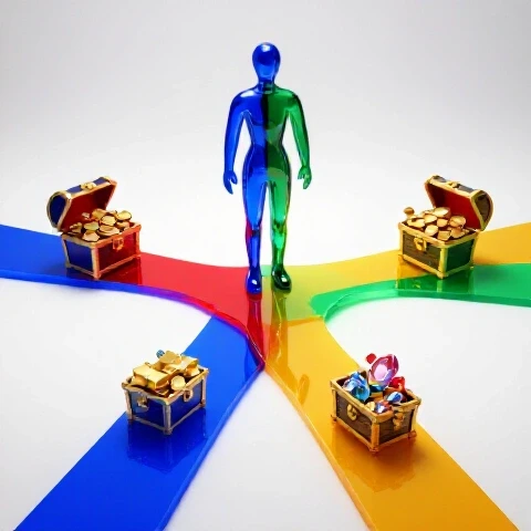 Vivid crossroads with treasure chests and vibrant paths symbolizing diverse YouTube revenue streams.