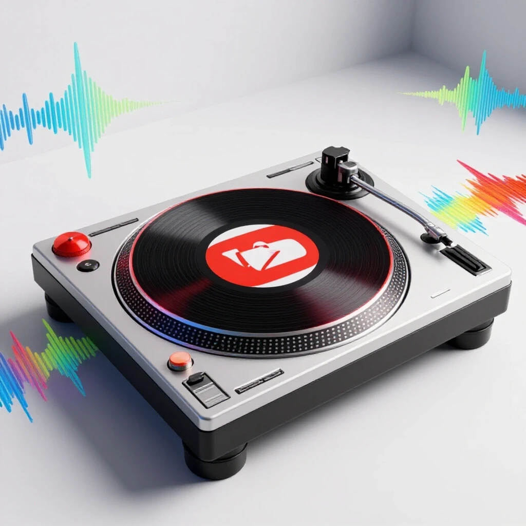 A vibrant DJ turntable and YouTube logo surrounded by colorful sound waves, showcasing energy and creativity.