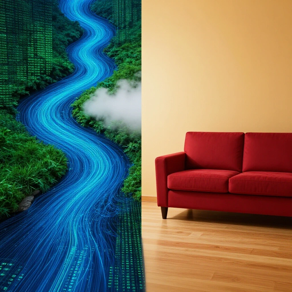 A split image showing a vibrant digital data stream contrasting with an empty living room, illustrating the need for internet for YouTube TV.