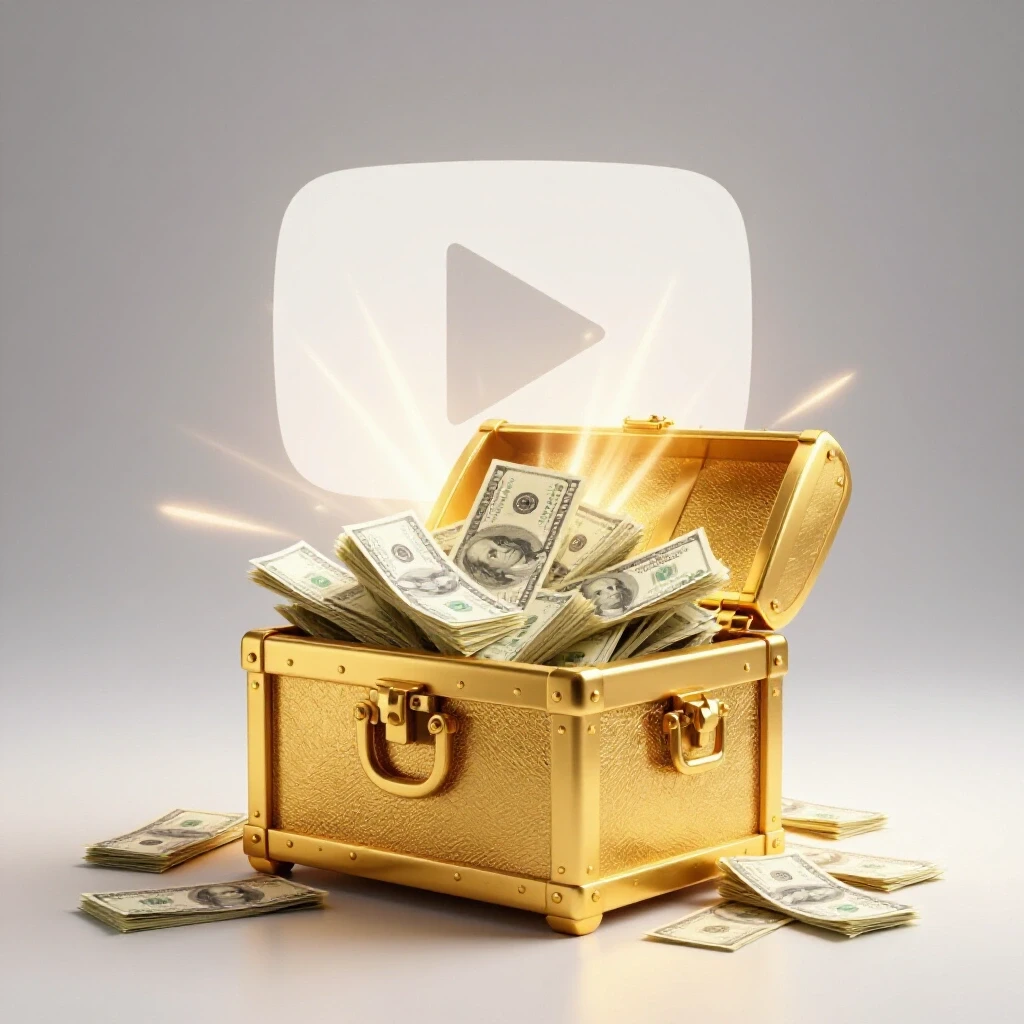 A golden treasure chest overflowing with dollar bills set against a YouTube play button background, symbolizing profit secrets.