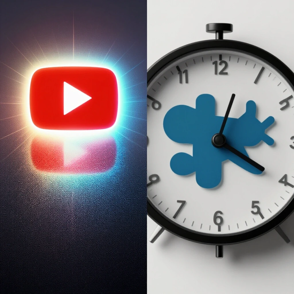 A vibrant YouTube play button contrasts with a dim Slack logo and a racing clock, symbolizing productivity versus distraction.