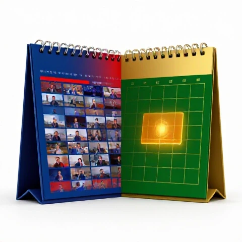 Split scene with an overloaded, colorful calendar filled with video thumbnails on one side and a clear calendar with a single glowing video on the other, set on a bright studio background.