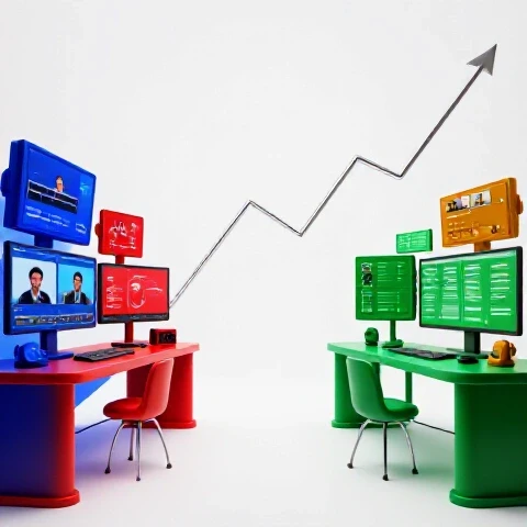 Split-screen of dynamic versus calm video creation workspaces with vibrant charts and bold colors on a bright background.