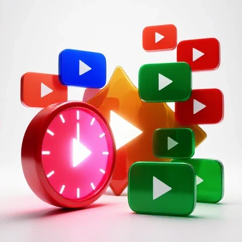 Glowing clock and contrasting YouTube play buttons on a bright white studio background, emphasizing timing impact.