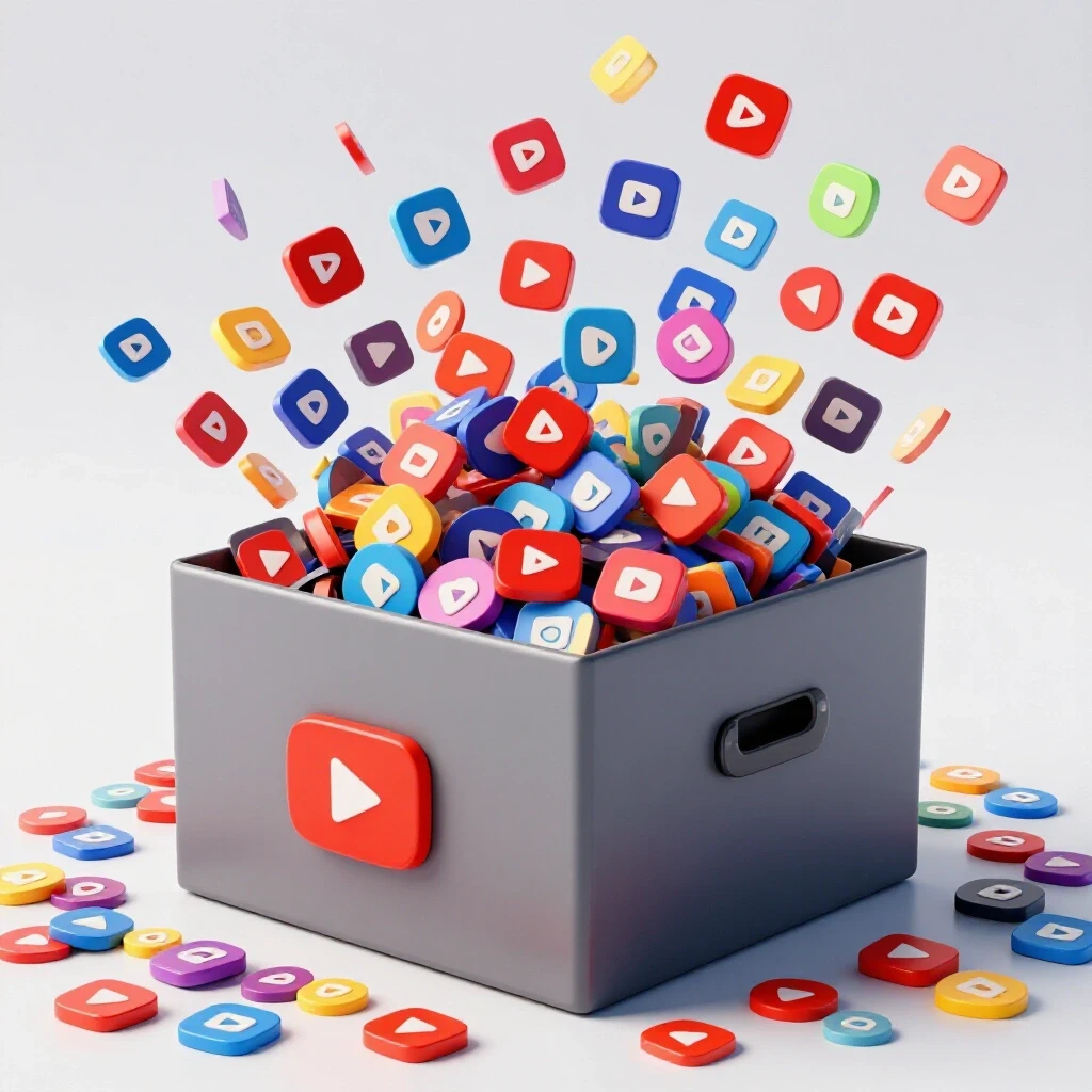 An overflowing digital storage box with colorful YouTube icons spilling out, against a bright white background.