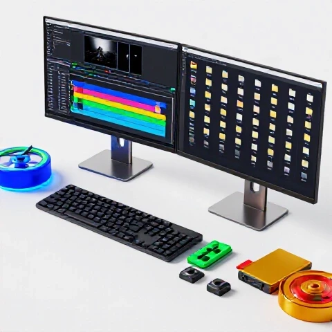 Twin monitors on a sleek desk display video timeline and organized assets, surrounded by colorful editing tools.