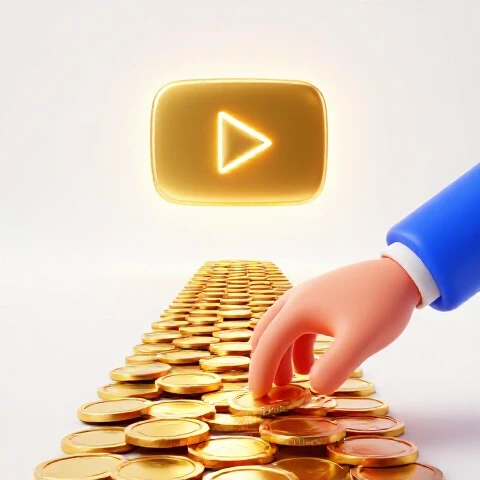 A path of shiny golden coins leads to a glowing play button with a hand stepping onto the first coin in a bright studio.