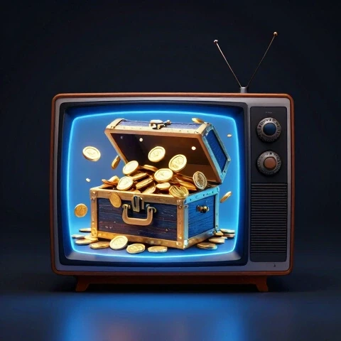 A 3D treasure chest overflowing with gold coins bursts from a glowing vintage TV screen, on a dark background.