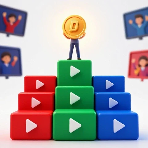 A golden coin ascends vibrant, colored play button steps with blurred screens and cheering viewers in the background.