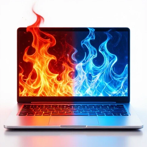 Laptop split between one side with digital flames and the other glowing with cool 4K visuals, set on a luminous white background.