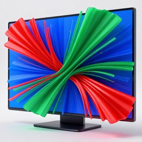 Glossy laptop screen radiating colorful motion bursts and swirling lines on a luminous white background